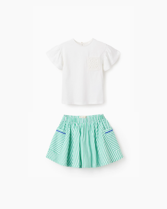 Conjunto Blusa Bolsa croshet con falda a amplia a rayas