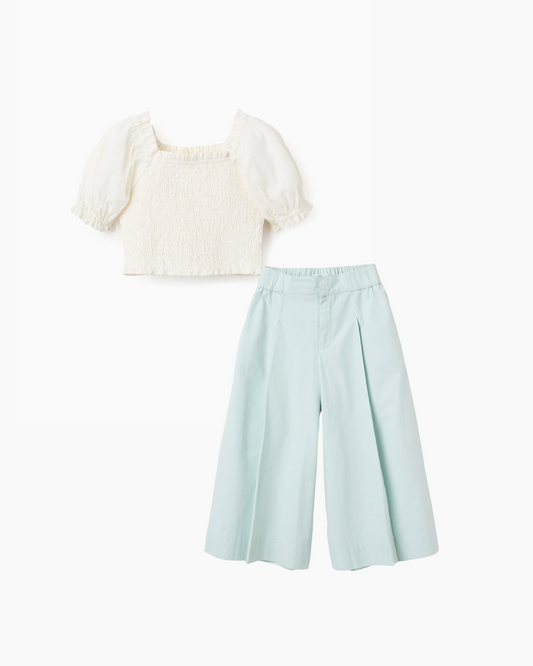 Conjunto Blusa Manga Volada, Pantalón de Popelín con Pliegue