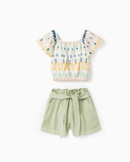 Conjunto blusa manga volada, short verde
