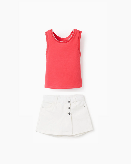 Conjunto Blusa Manga Sacada y Short Falda Blanca