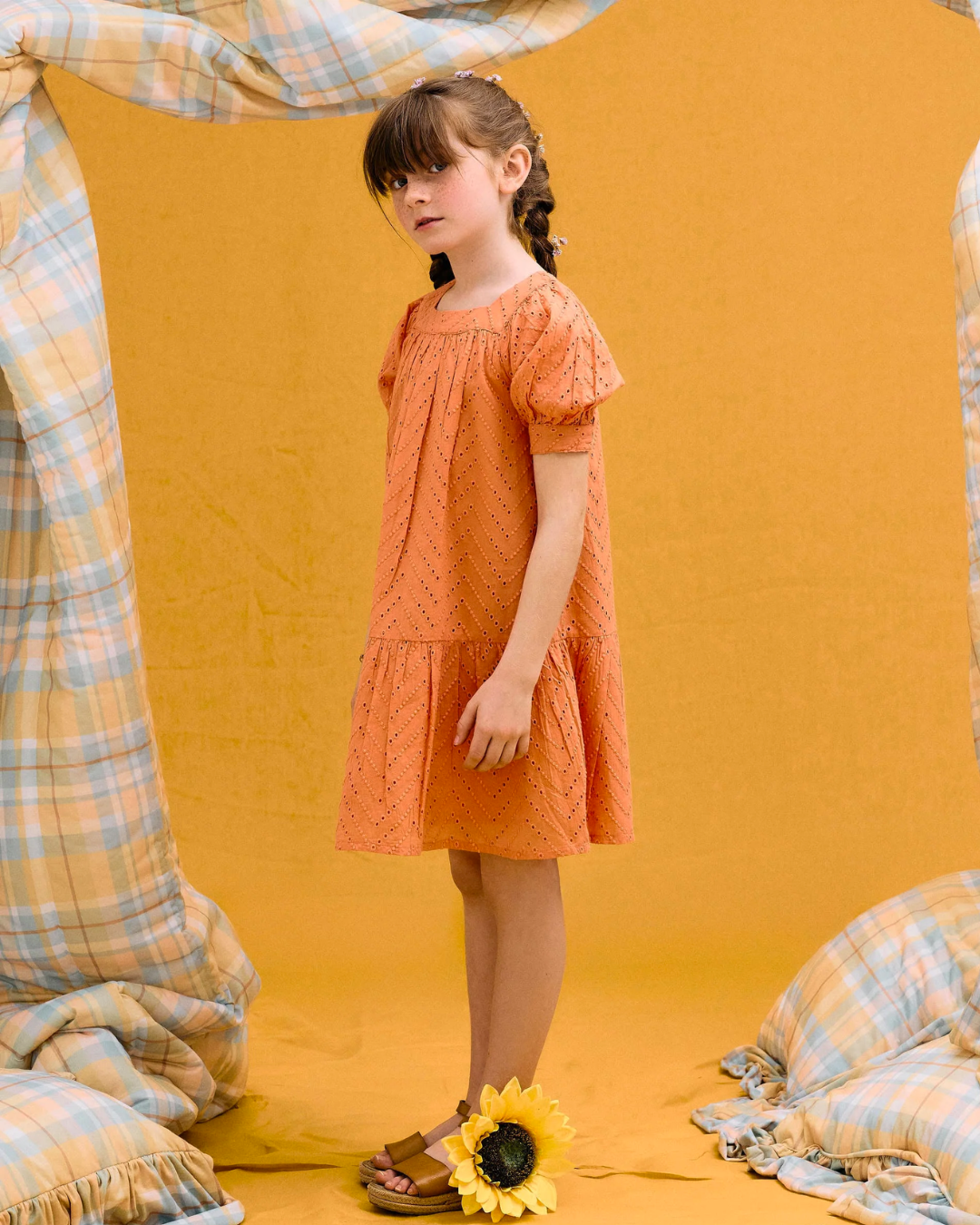 Vestido de Algodón con Bordado Inglés para Niña, Naranja