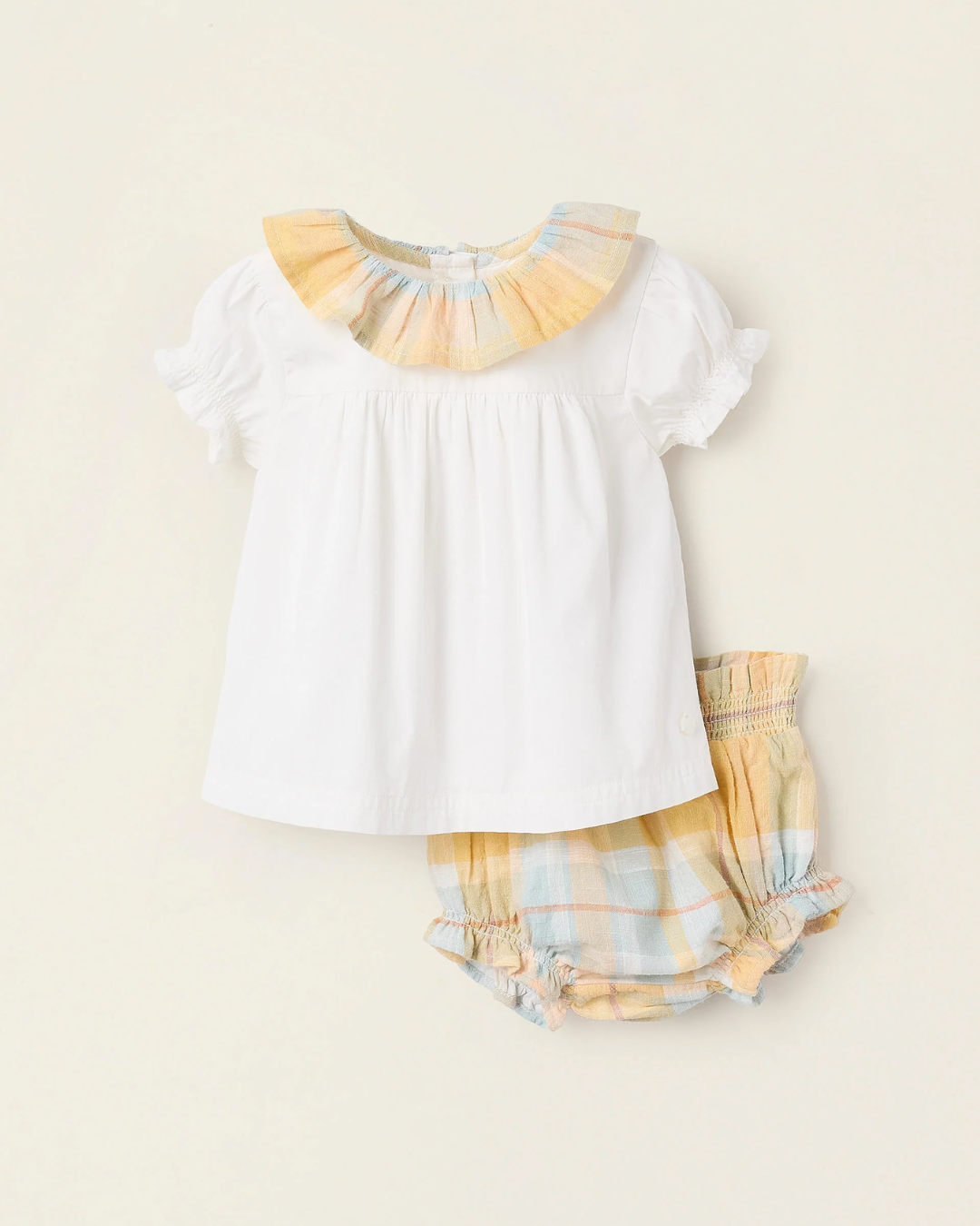 Blusa + Cubrepañal Cuadros para Recién Nacida 'B&S', Blanco/Amarillo