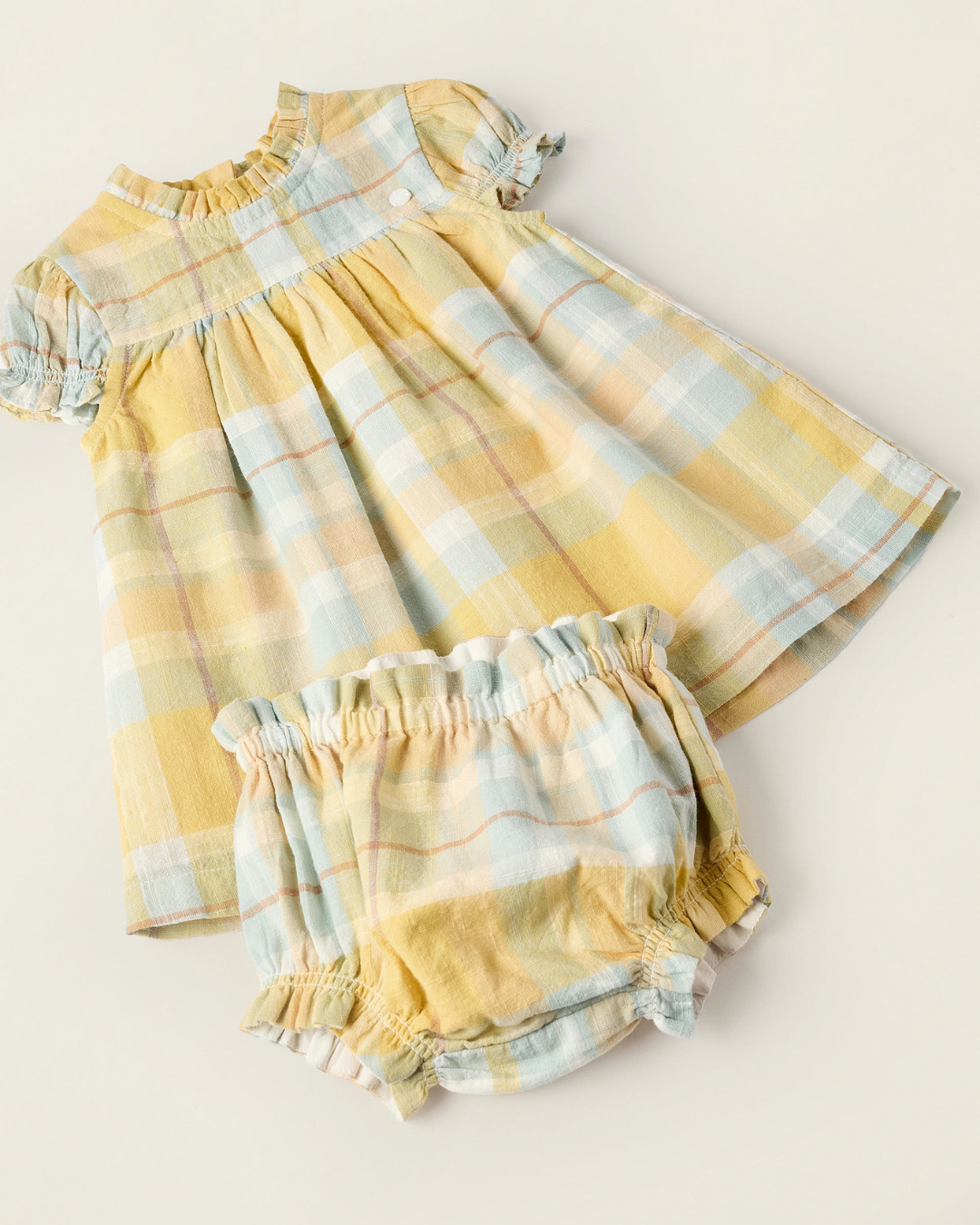 Vestido + Cubrepañal con Cuadros para Recién Nacida 'B&S', Amarillo/Azul