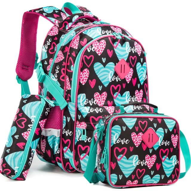 set de mochila, lapicera y lonchera con diseños corazón