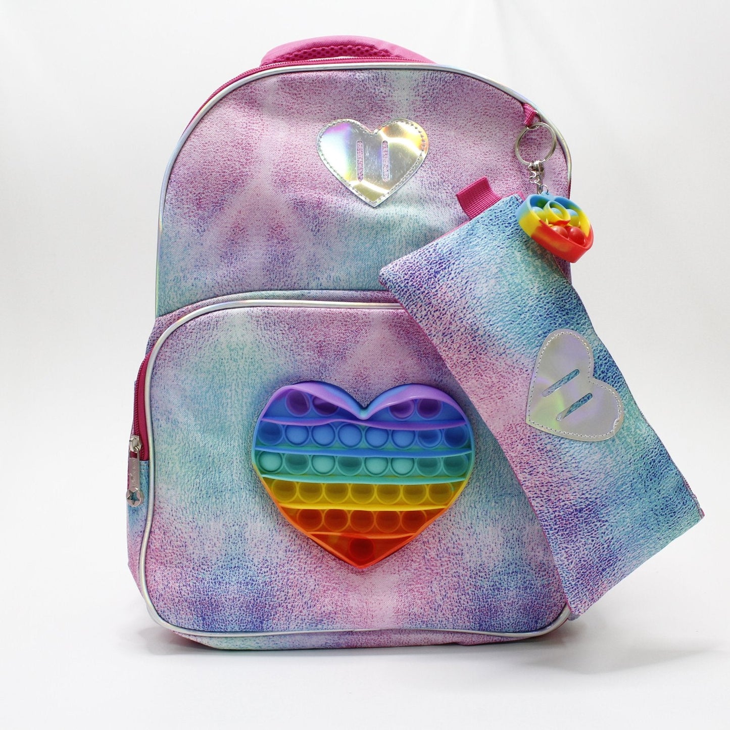 set mochila, lapicera y lonchera tema corazón popit holográfico