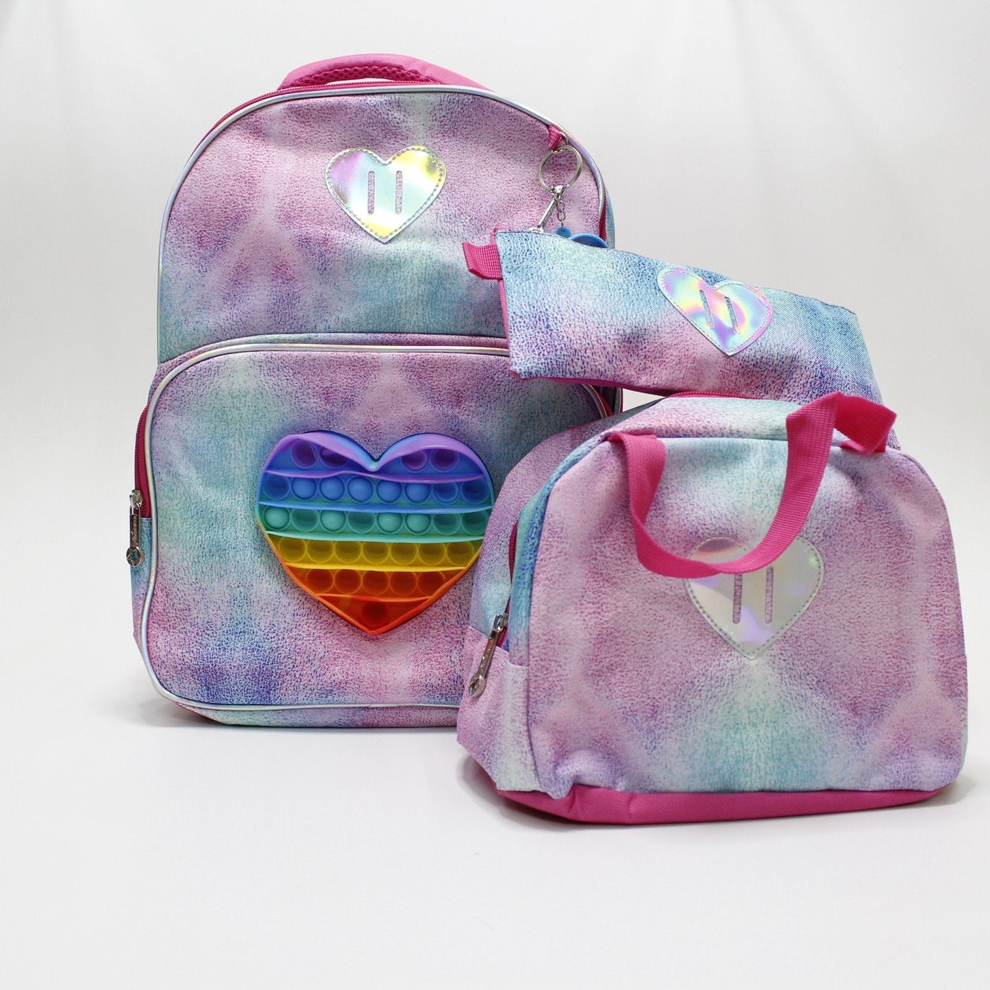 set mochila, lapicera y lonchera tema corazón popit holográfico
