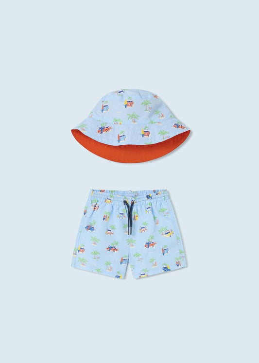 Bañador 2 pzas short y gorra celeste
