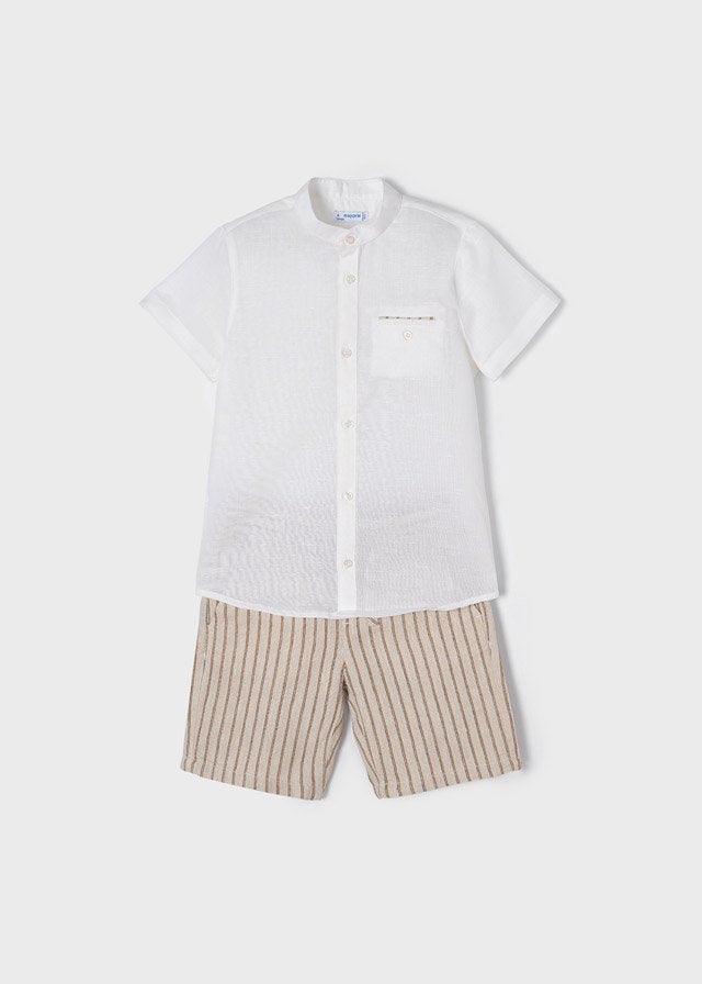 Conjunto bermuda rayas niño, color almendra