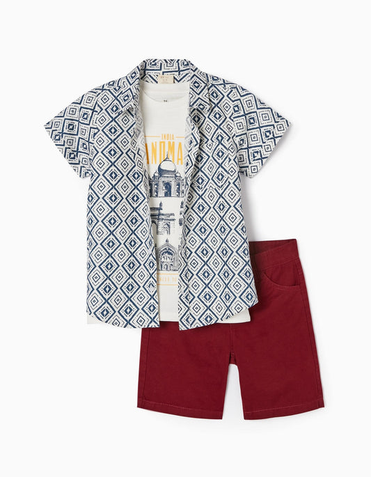 conjunto 3 piezas, short, camiseta y camisa
