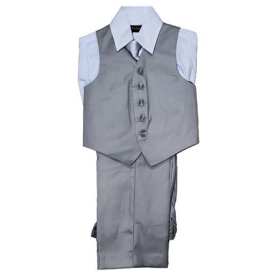 traje gris oscuro con corbata y chaleco