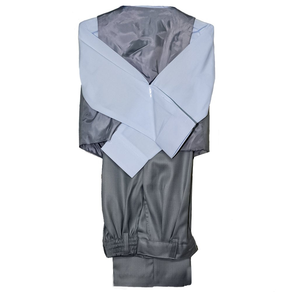 traje gris oscuro con corbata y chaleco