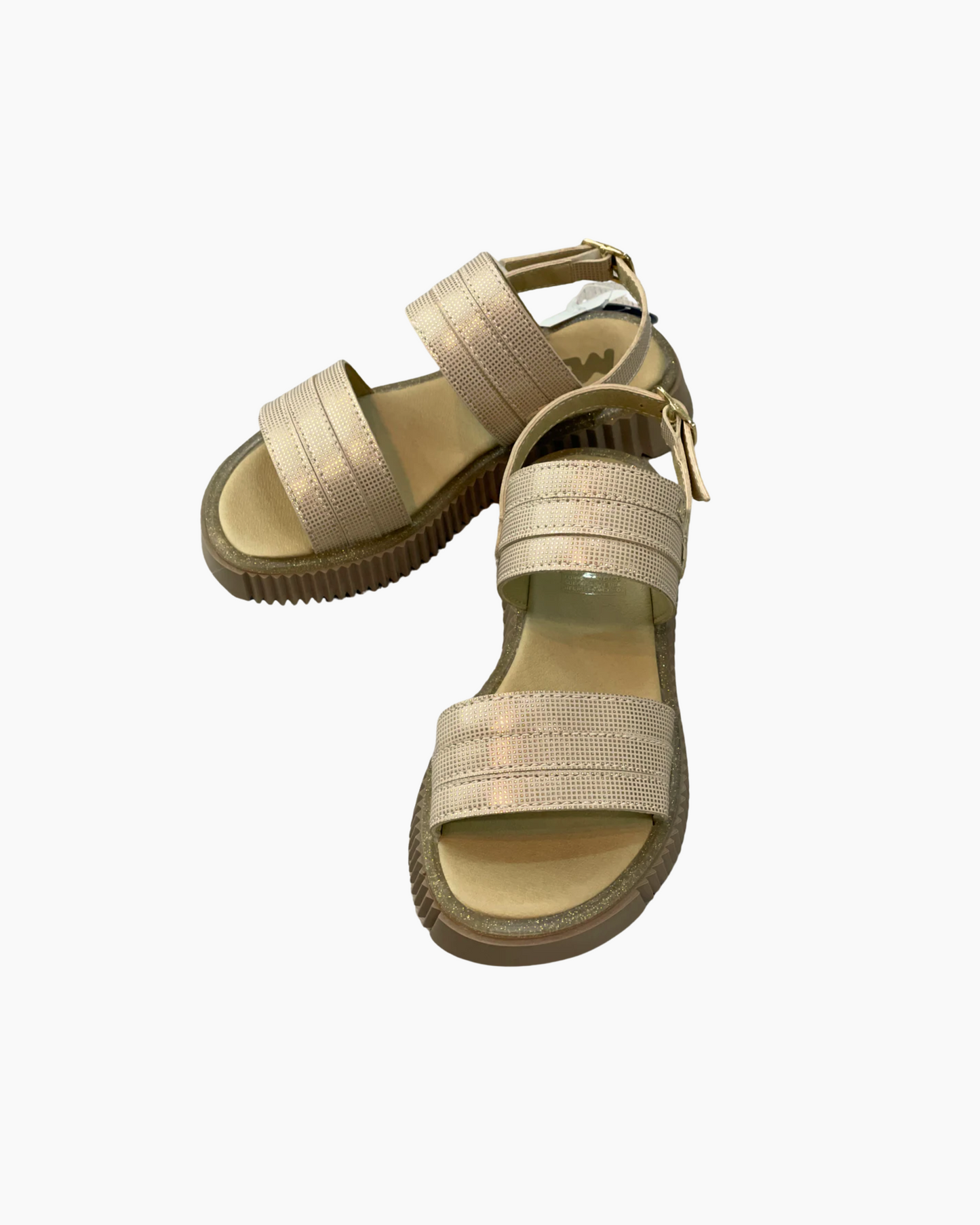 Huarache Beige 6 tiras, tonos oro, suela alta