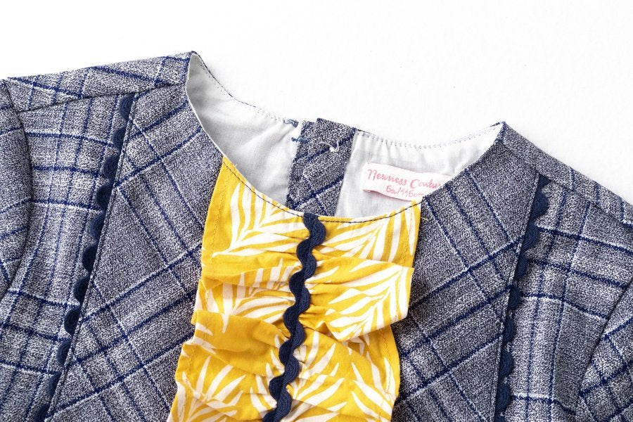 vestido manga larga, marino, pompon cintura