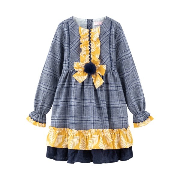 vestido manga larga, marino, pompon cintura