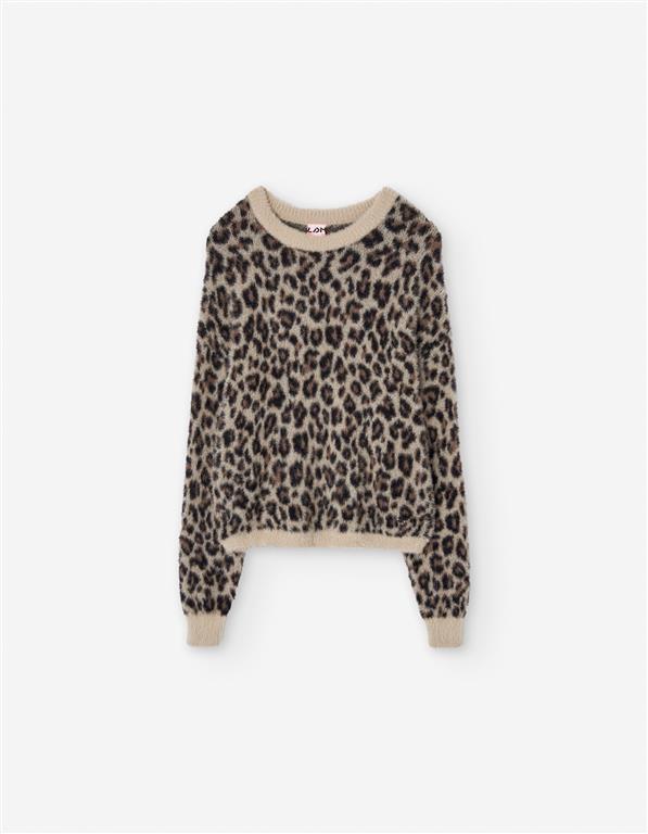 Sweater animal print negro cuello redondo