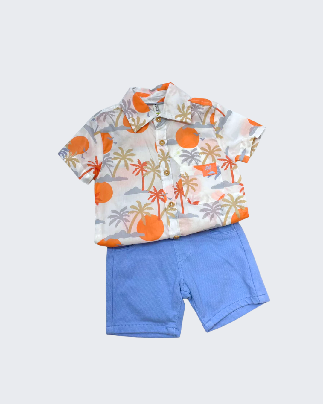 Set camisa palmeras short azul claro