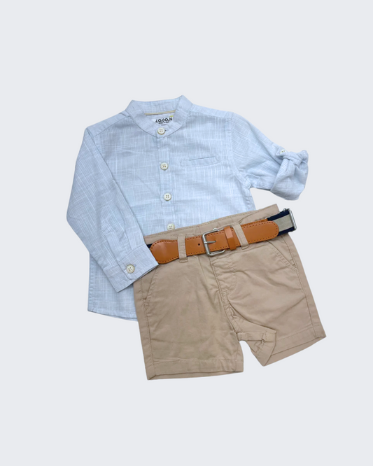 Set camisa manga larga y short beige