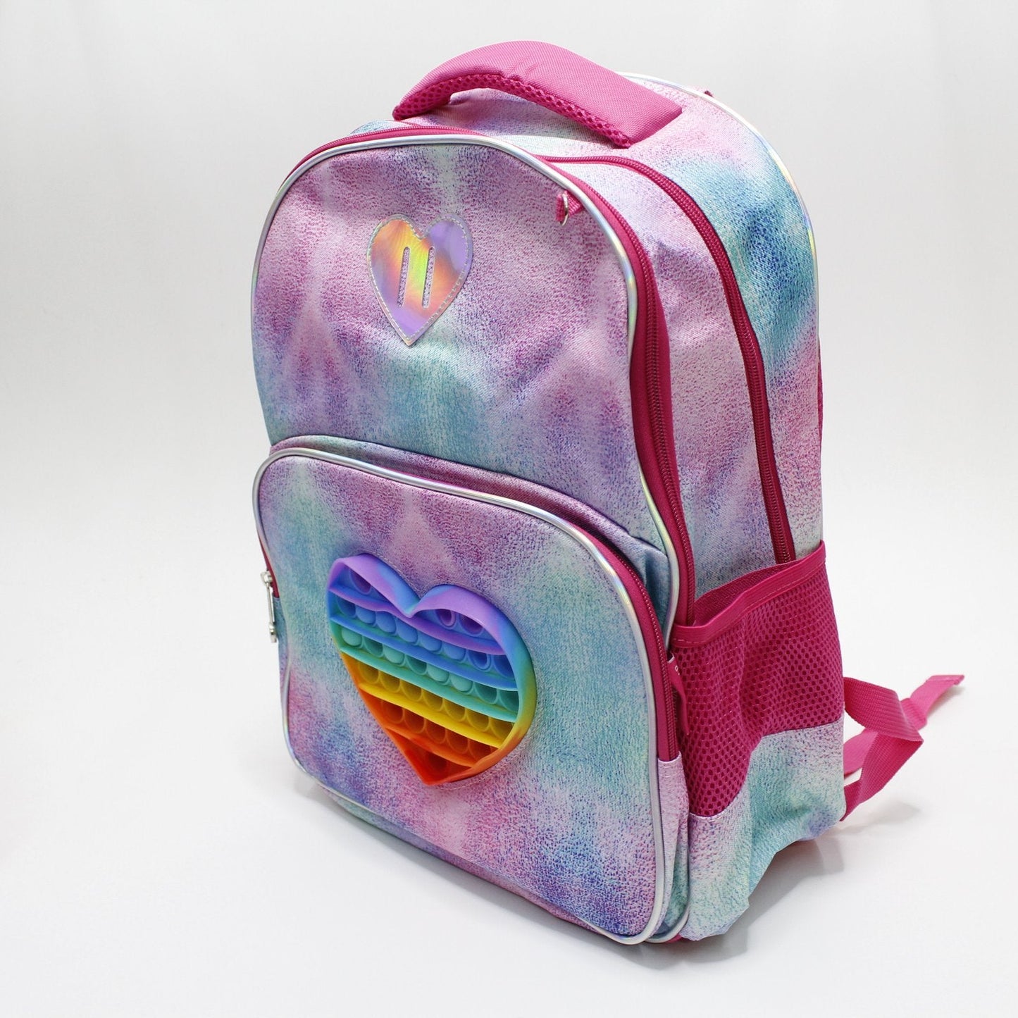 set mochila, lapicera y lonchera tema corazón popit holográfico