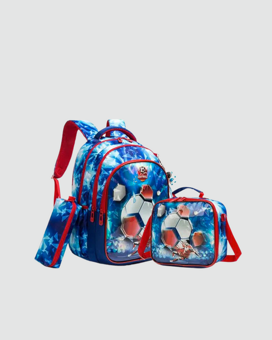 set de mochila, lonchera y lapicera tema pelotas de fútbol