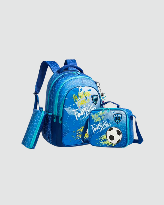 set de mochila, lapicera y lonchera tema fútbol