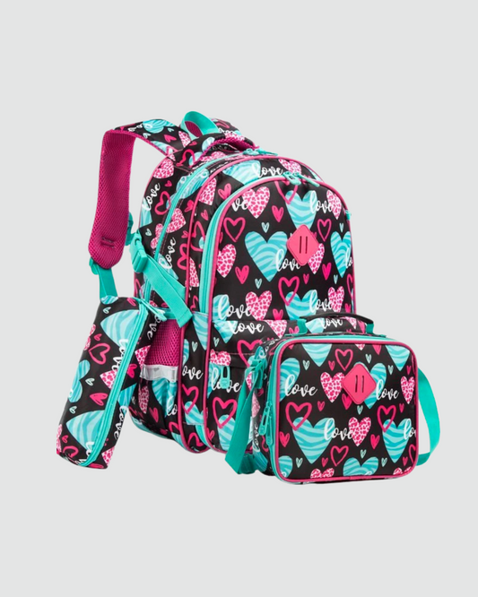 set de mochila, lapicera y lonchera con diseños corazón
