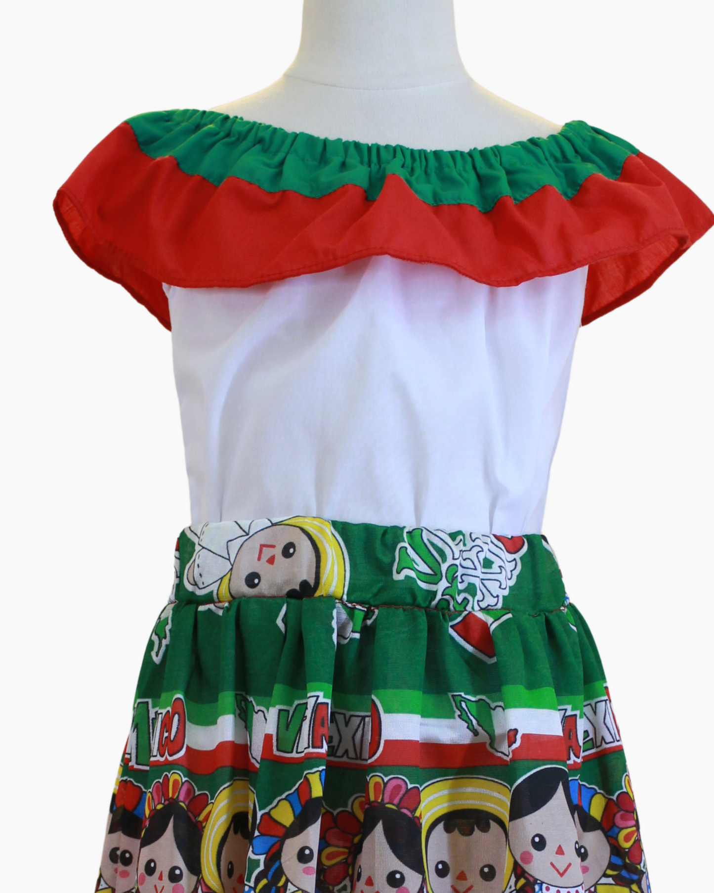 Set Patrio Falda Adelita , Blusa Campesina Blanca olanes rojo y verde