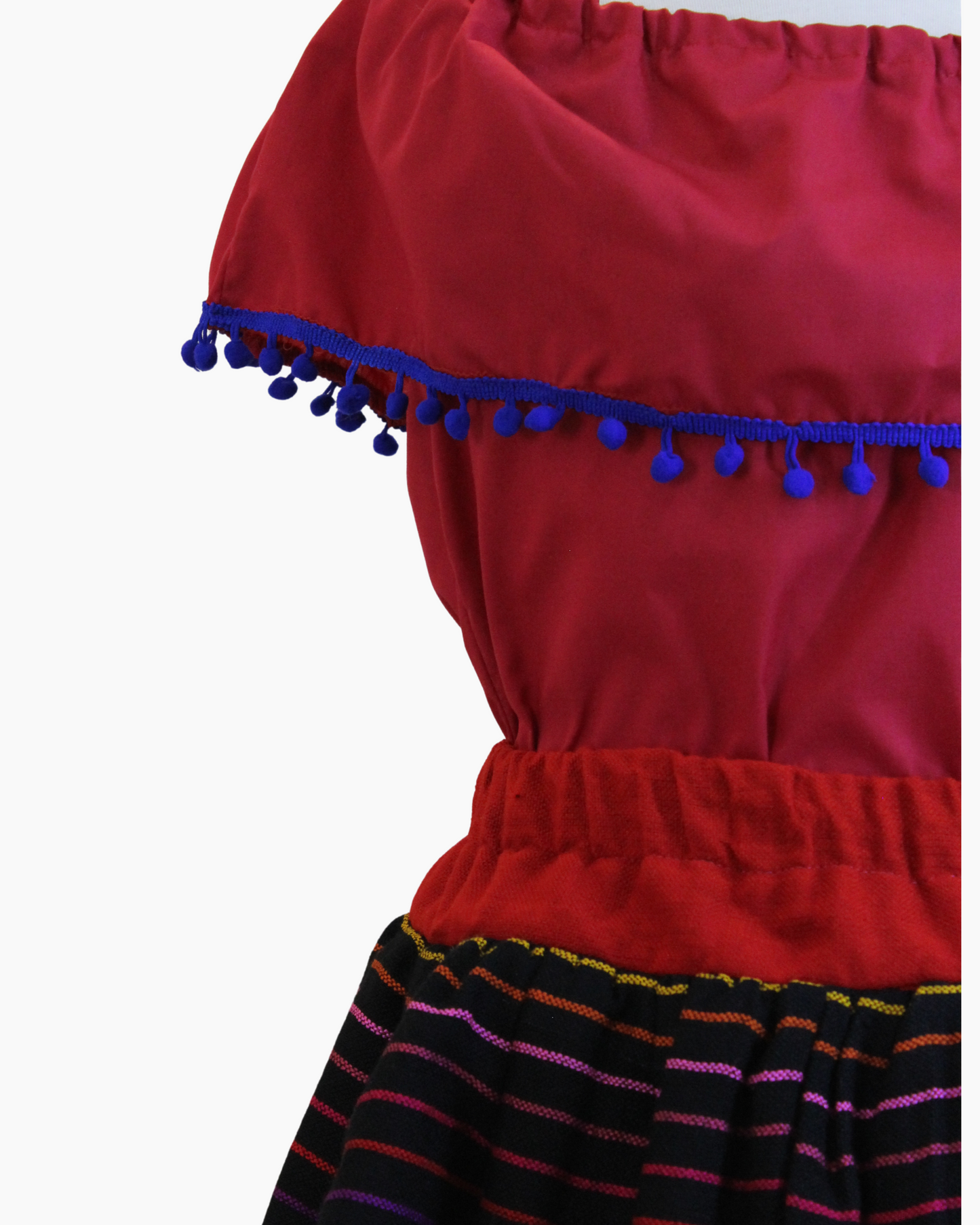 Set Patrio Falda Tipo TuTu Cambaya a Rayas y Blusa Campesina Vino con Pompones