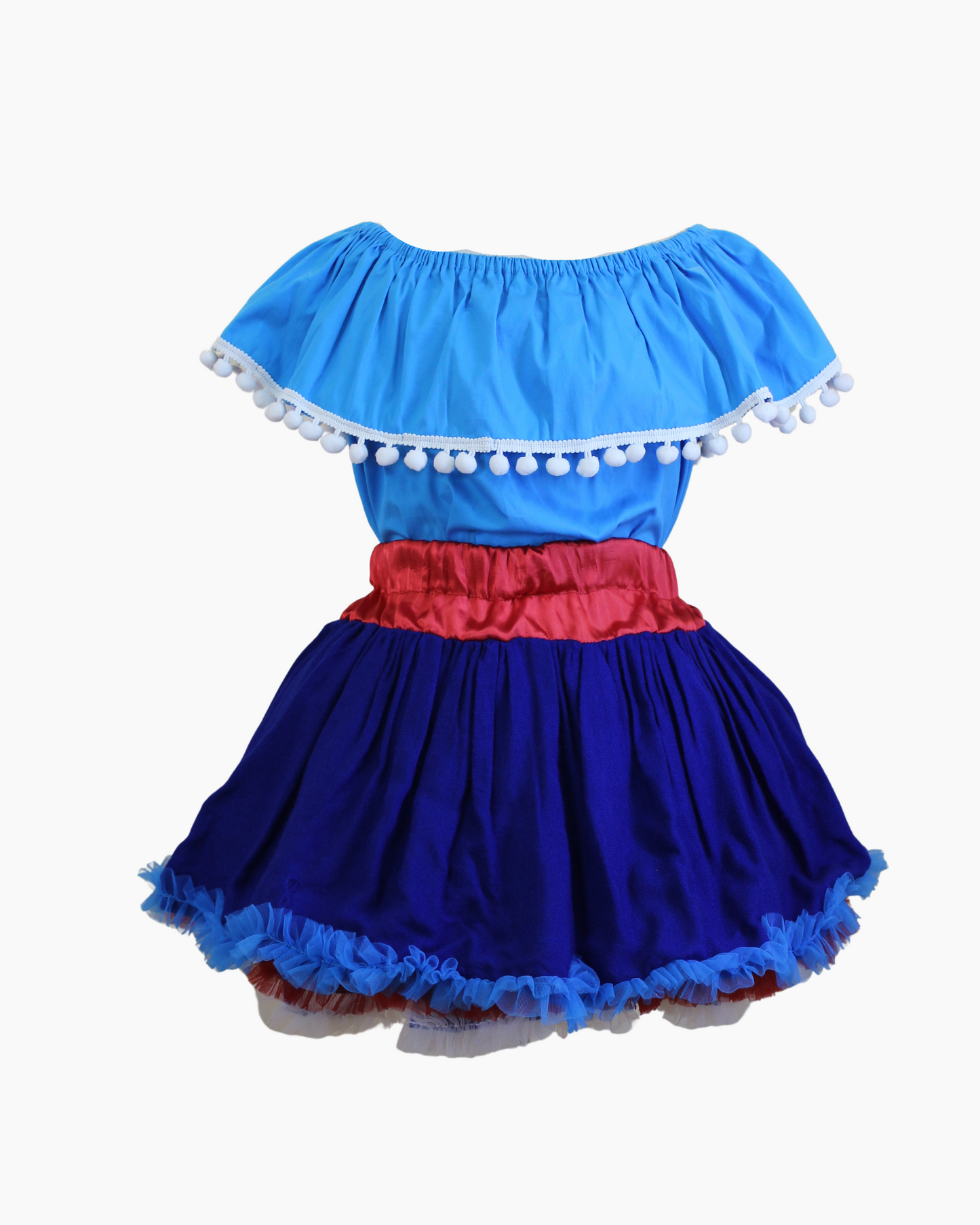 Set Patrio Falda Tipo TuTu Cambaya azul y Blusa Campesina Azul Pompones Blancos