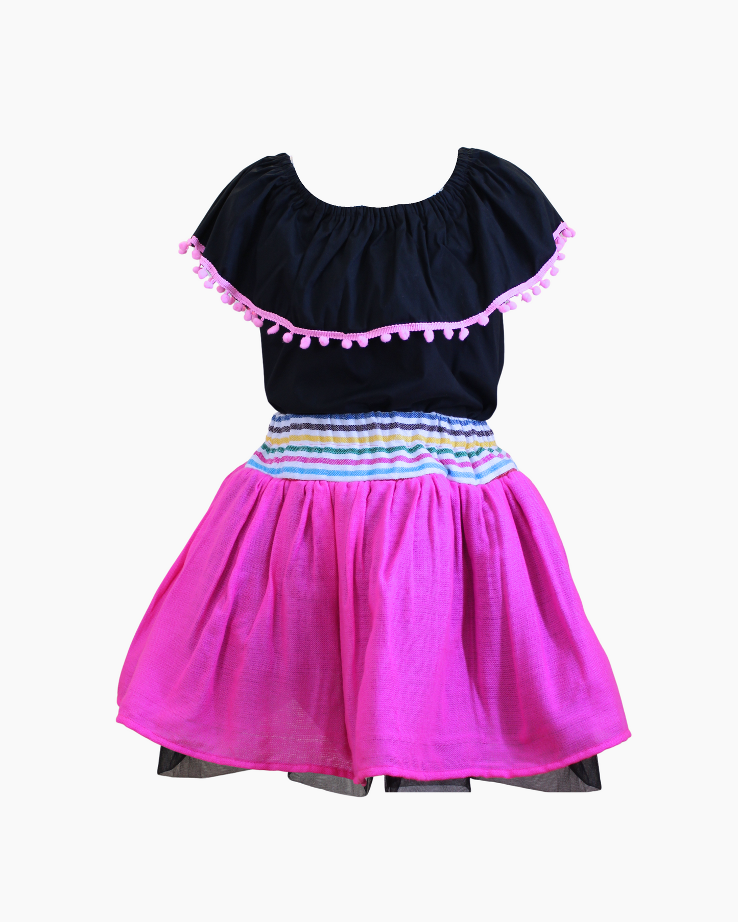 Set Patrio Falda Tipo TuTu Cambaya Rosa y Blusa Campesina Negra