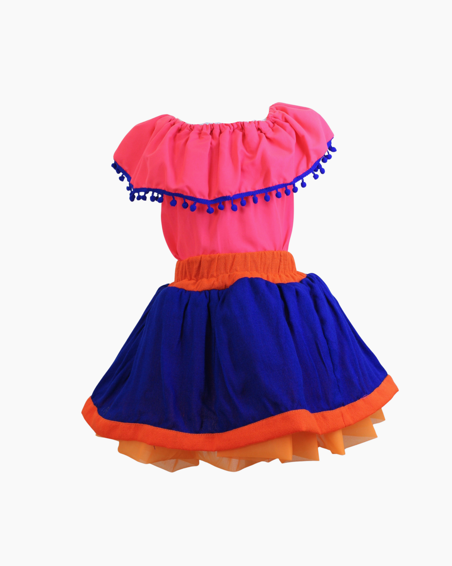 Set Patrio Falda Tipo TuTu Cambaya azul y Blusa Campesina naranja fluorescente con pompones azules