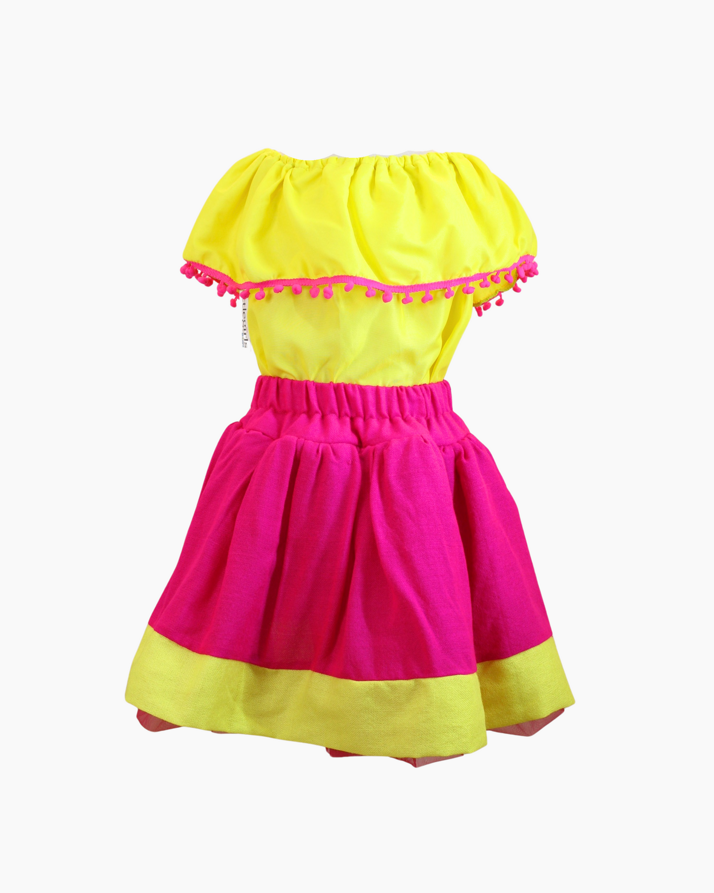 Set Patrio Falda Tipo TuTu Cambaya Rosa Ola Amarillo y Blusa Campesina Amarilla con pompones rosas