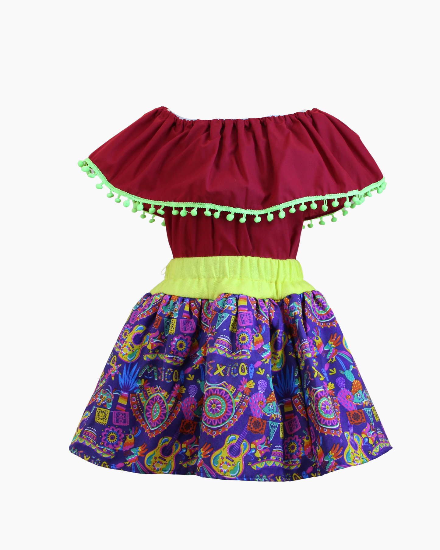 Set Patrio Falda Tipo TuTu Diseños Mexicanos Amarillo y Blusa Campesina Rojo con pompones Verdes