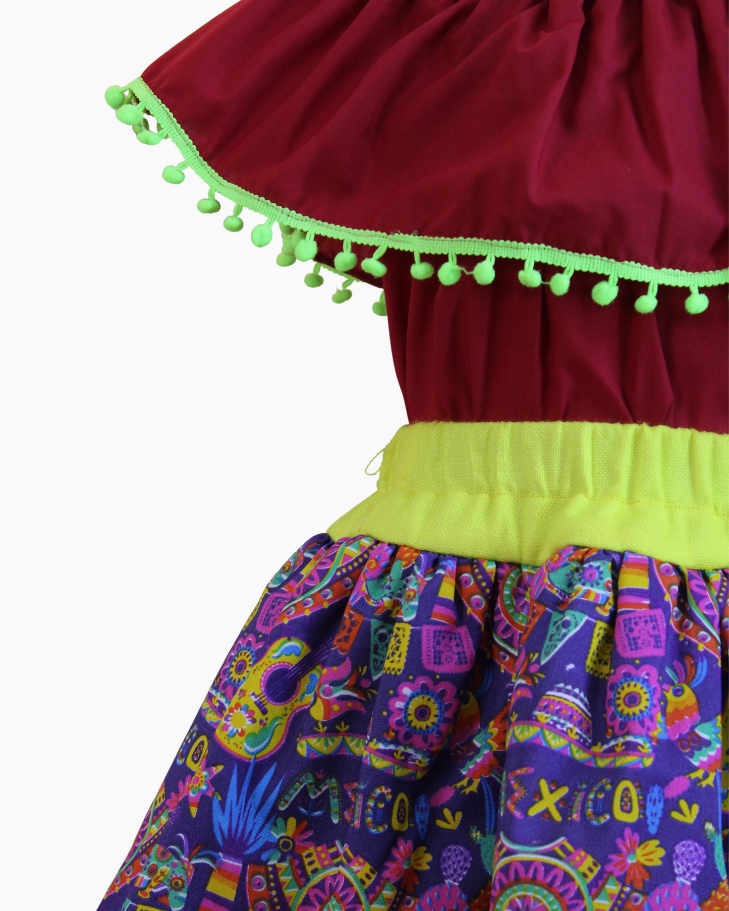 Set Patrio Falda Tipo TuTu Diseños Mexicanos Amarillo y Blusa Campesina Rojo con pompones Verdes