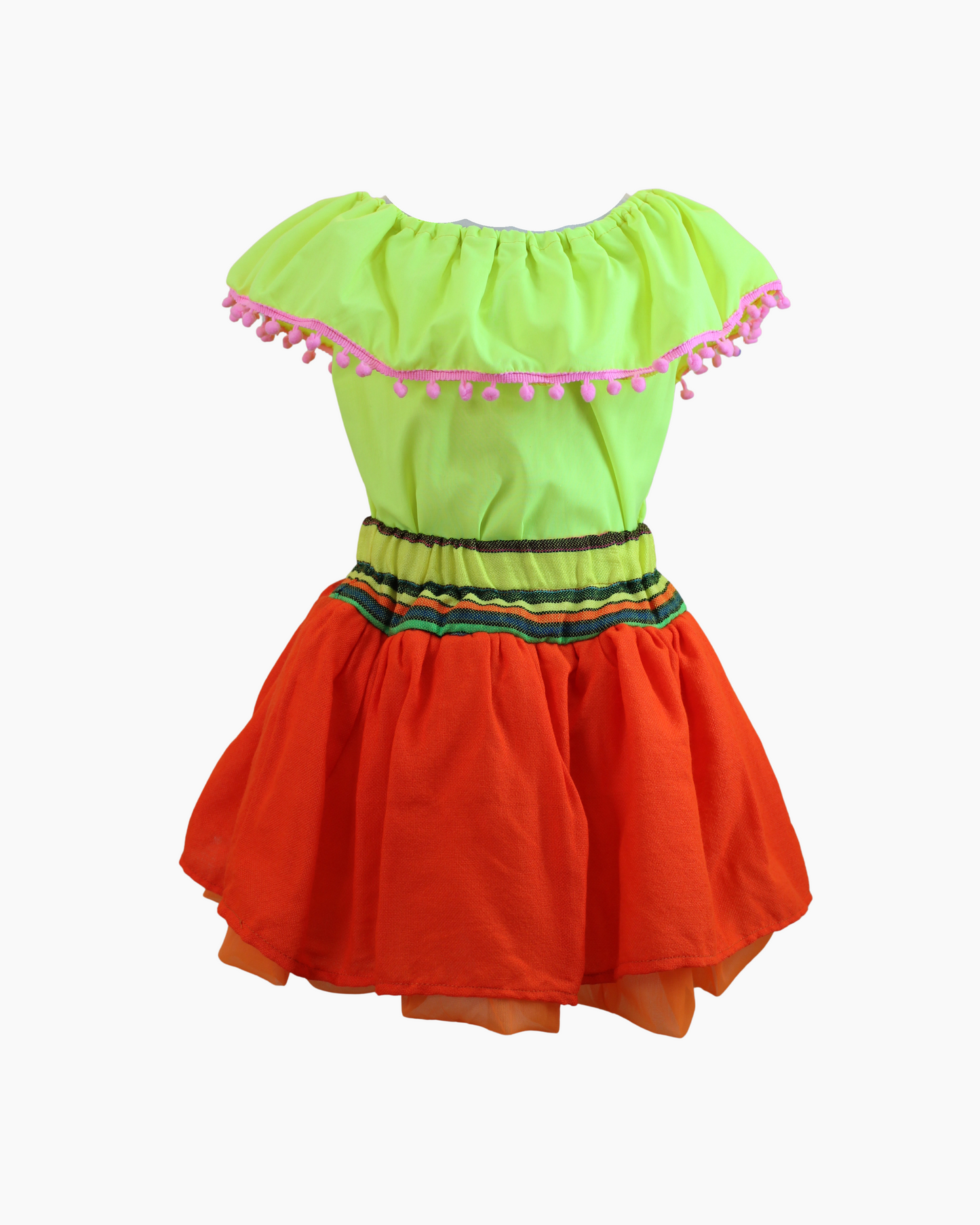 Set Patrio Falda Tipo TuTu Cambaya Naranja y Blusa Campesina Amarillp con Pompones Rosas