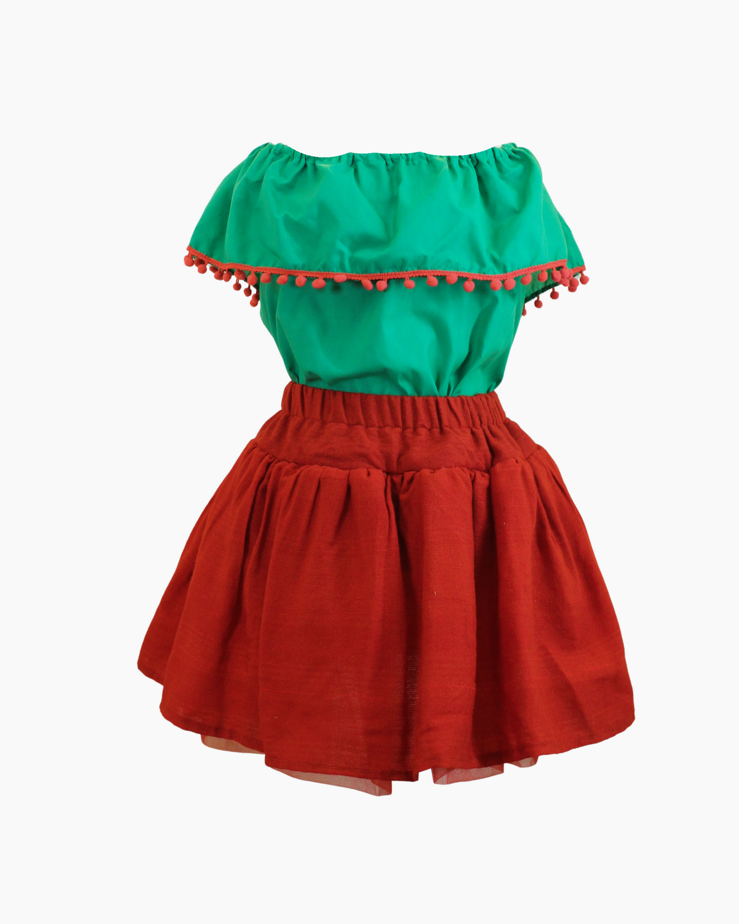 Set Patrio Falda Tipo TuTu Cambaya Roja y Blusa Campesina Verde Pompones Rojos