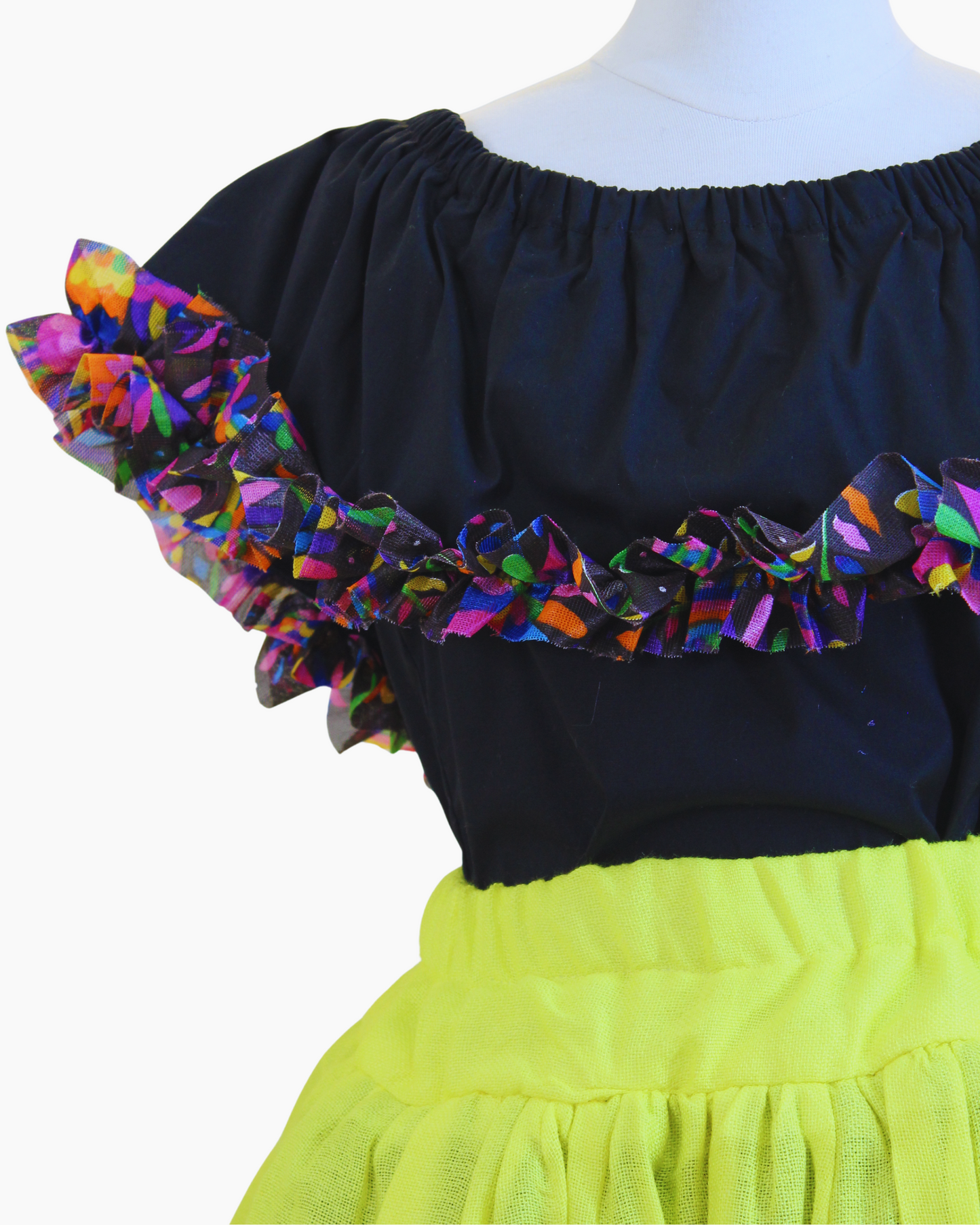 Set Patrio Falda Tipo TuTu Cambaya Amarillo y Blusa Campesina Negra Olanes Multicolor
