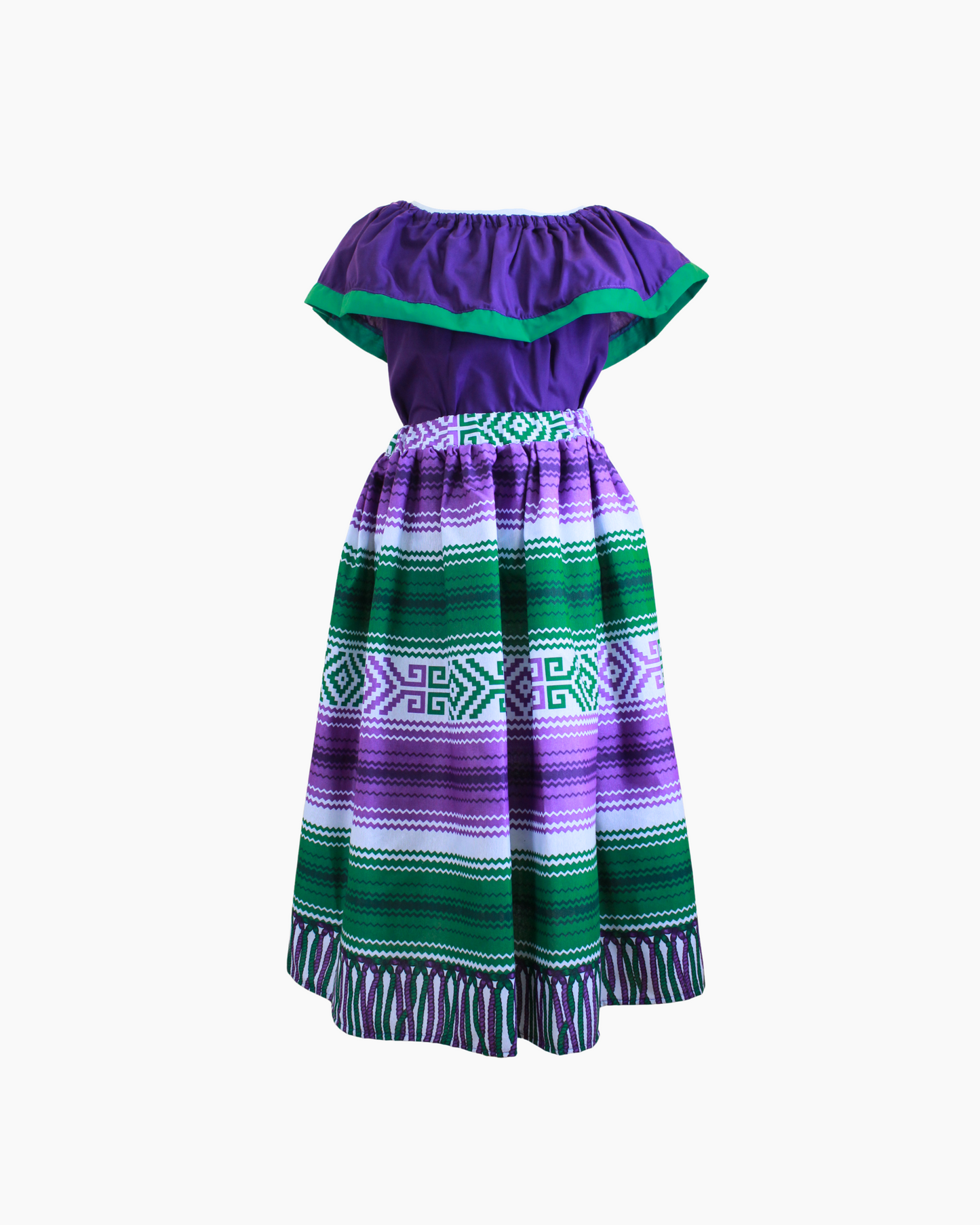 Set Patrio Falda Rayas Estilo Mexicana y Blusa Campesina Morado con Olan Verde