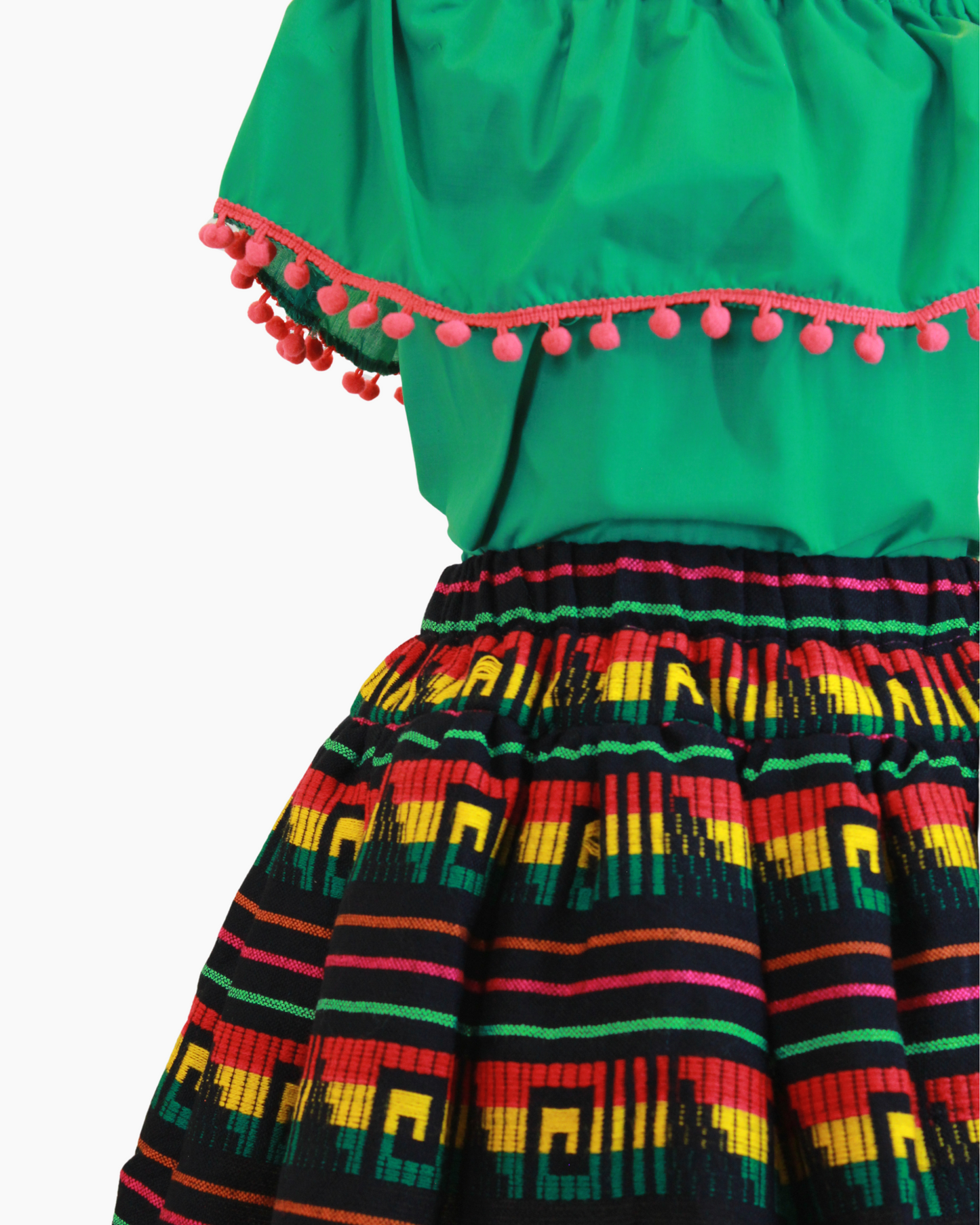 Set Patrio Falda Tipo Tutu Rayas y Blusa Campesina Color Verde con Pompones Rojos