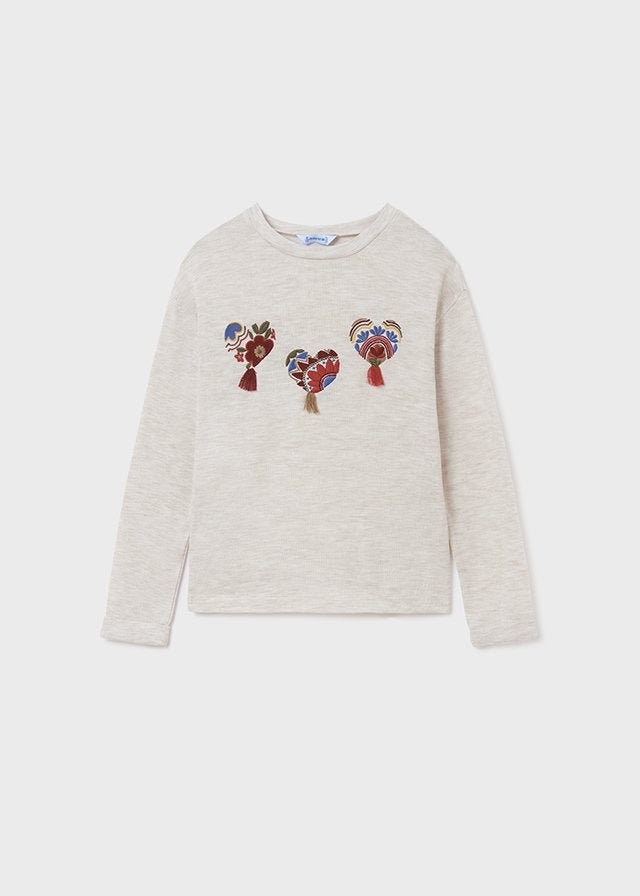 set blusa milk 3 corazones, falda de flores granate, mayoral