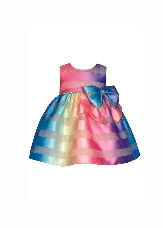 vestido multicolor arcoiris, moño cintura