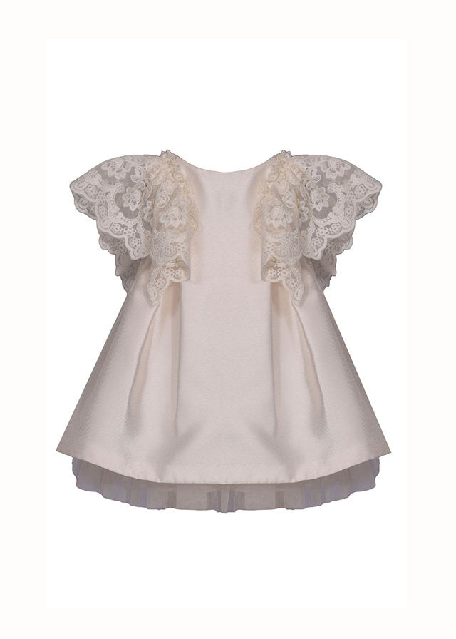 vestido corte a, manga volada tul, color beige