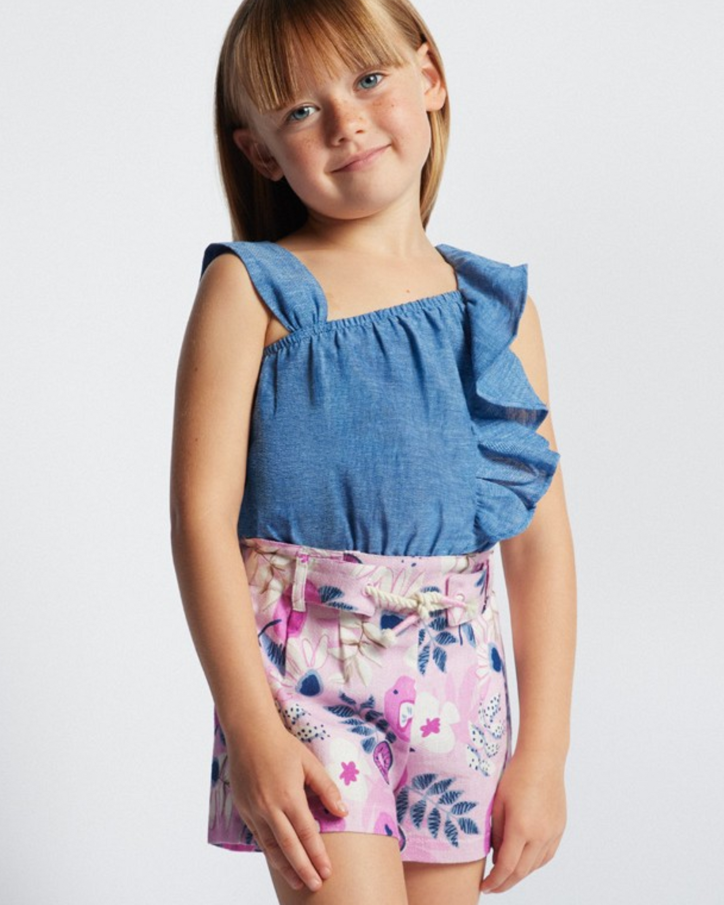 Set Top Lino azul y Short Flores