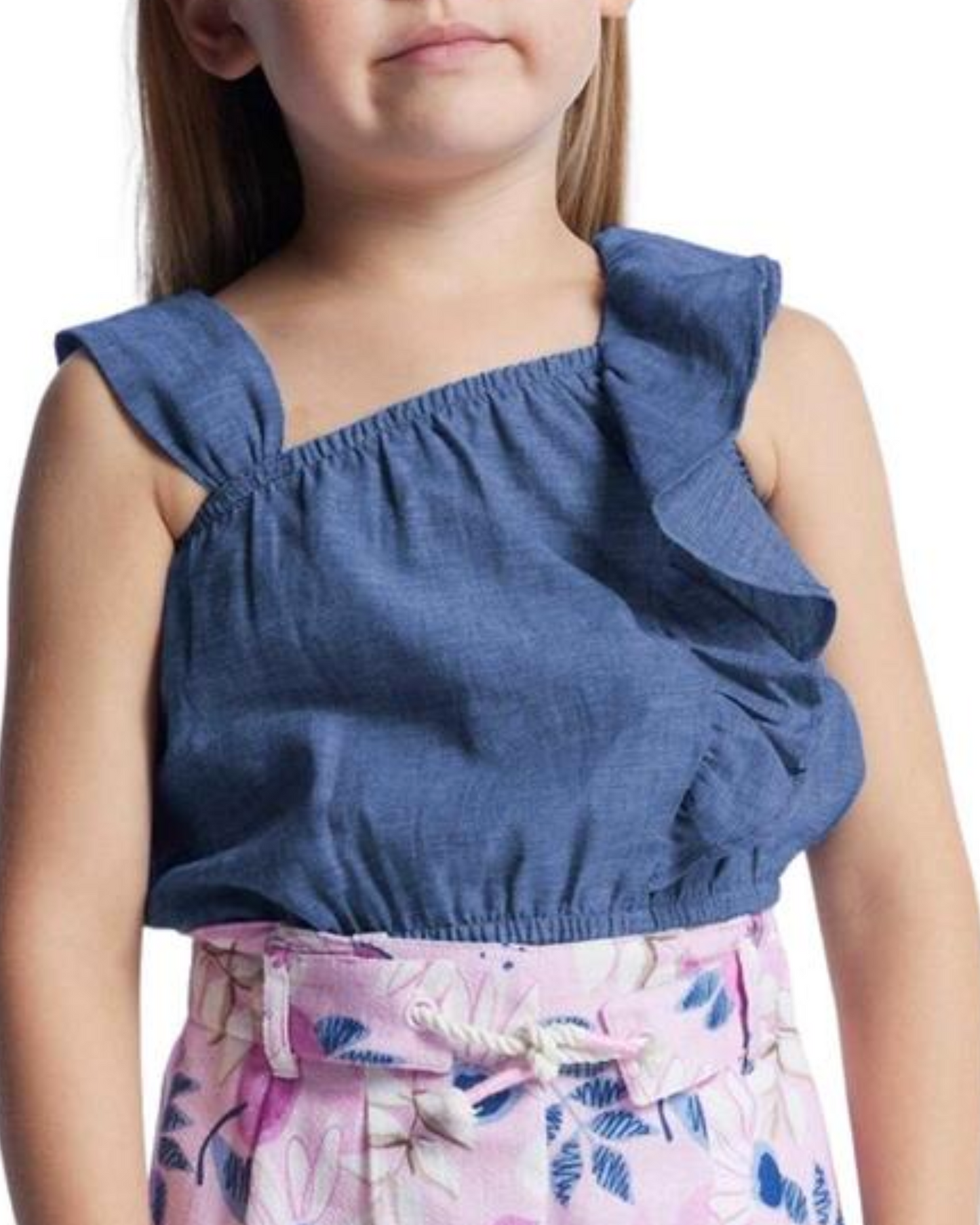 Set Top Lino azul y Short Flores