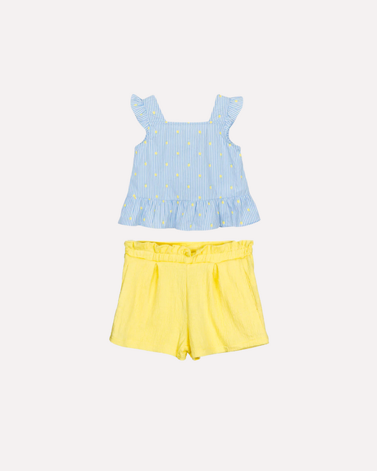 Set Blusa rayas Cielo, Short Amarillo