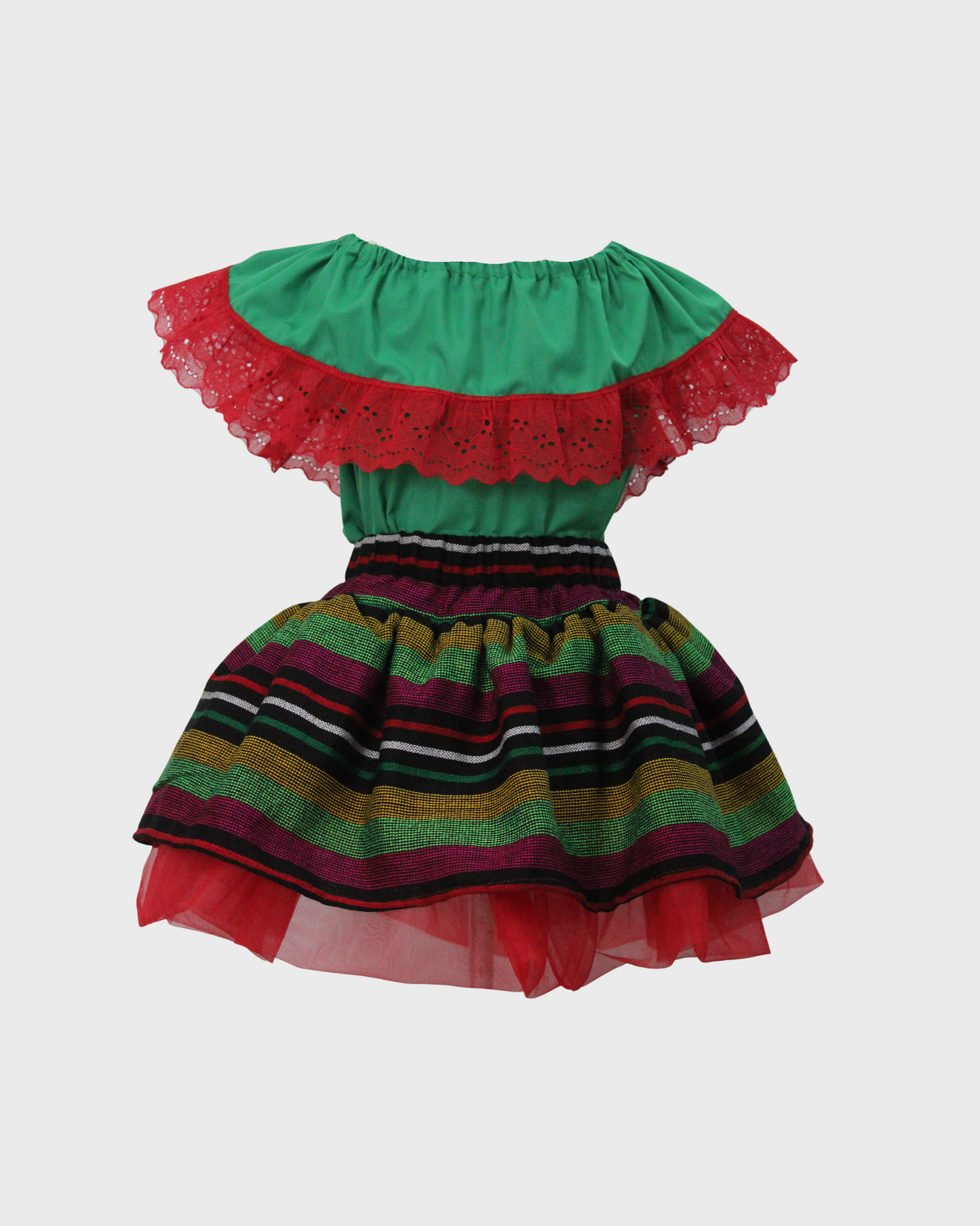Set Patrio Falda Tipo TuTu Cambaya Rayas y Blusa Campesina Verde con Olan Encaje Rojo