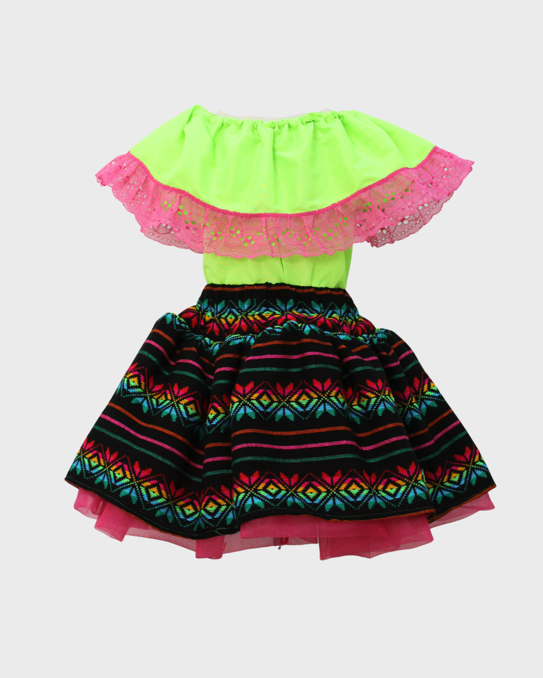 Set Patrio Falda Tipo TuTu Cambaya Colores y Blusa Campesina verde con olan encaje rosa