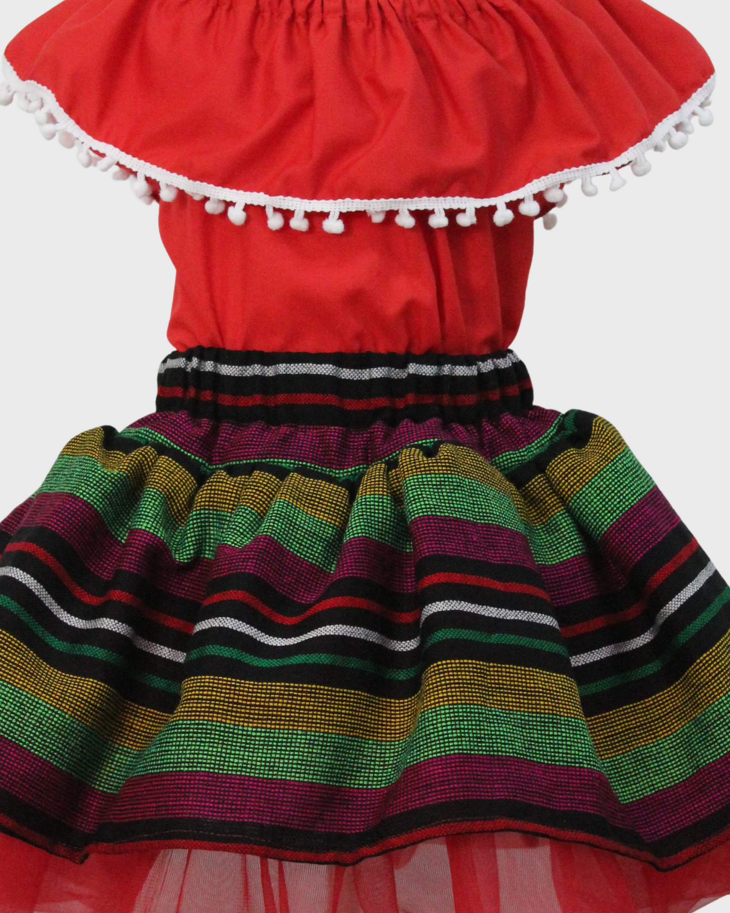 Set Patrio Falda Tipo TuTu Cambaya y Blusa Campesina roja con Pompones Blanco