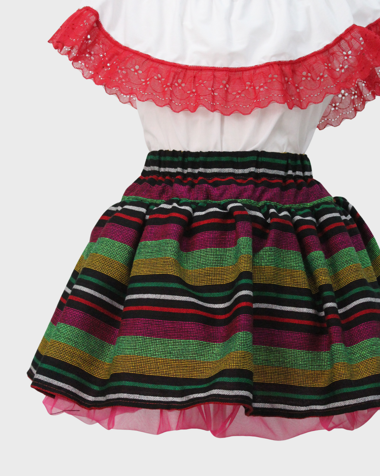 Set Patrio Falda Tipo TuTu Cambaya Rayada y Blusa Campesina Blanca Pompones