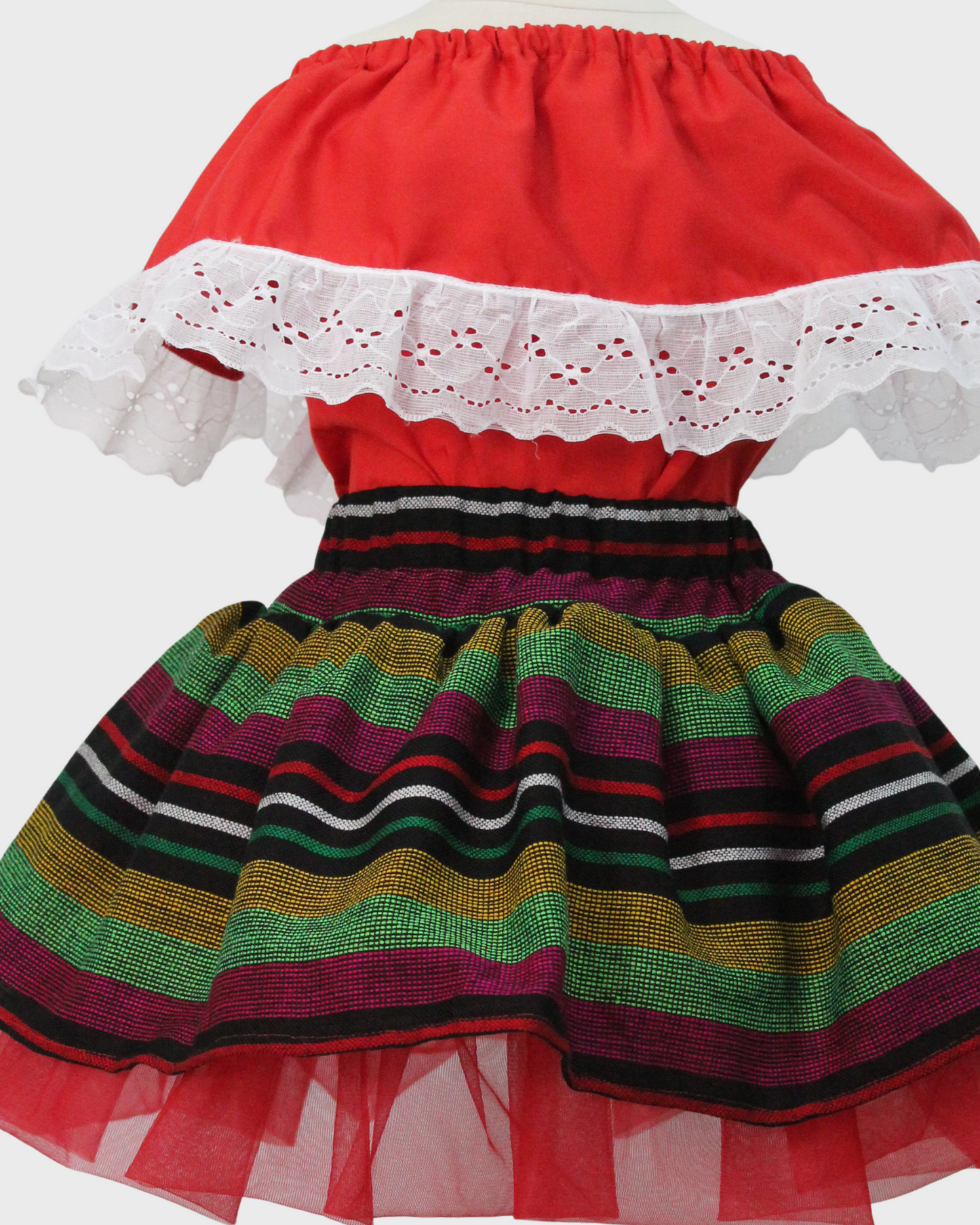 Set Patrio Falda Tipo TuTu Cambaya Rayada y Blusa Campesina Roja olan Encaje