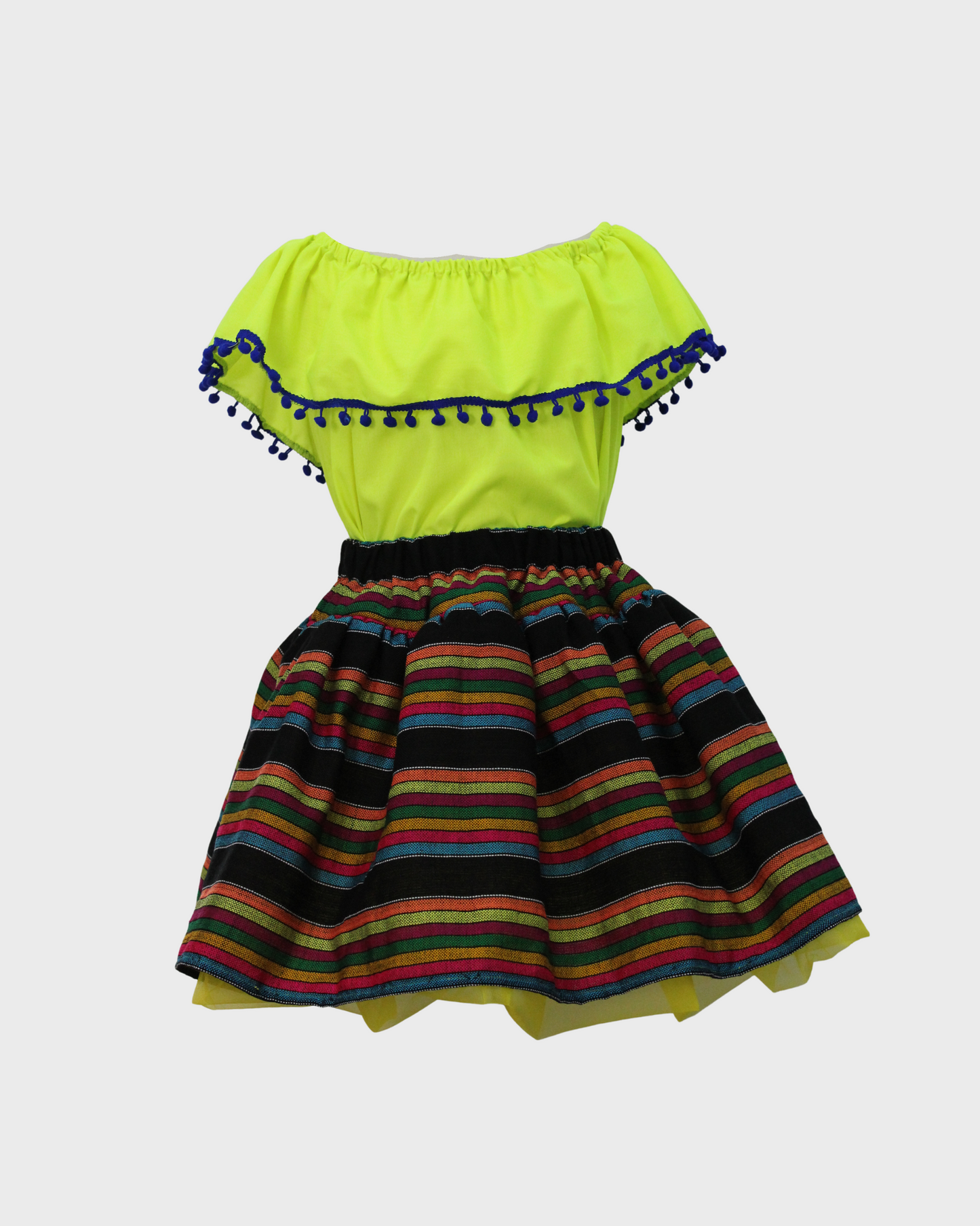 Set Patrio Falda Tipo TuTu Cambaya Rayada y Blusa Campesina Amarilla Pompones Azul